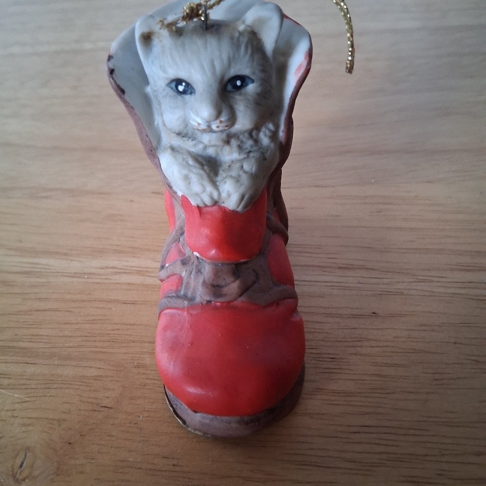 Gray Cat In Red Boot Christmas Ornament